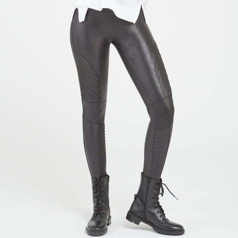 SPANX black Faux Leather Moto Leggings